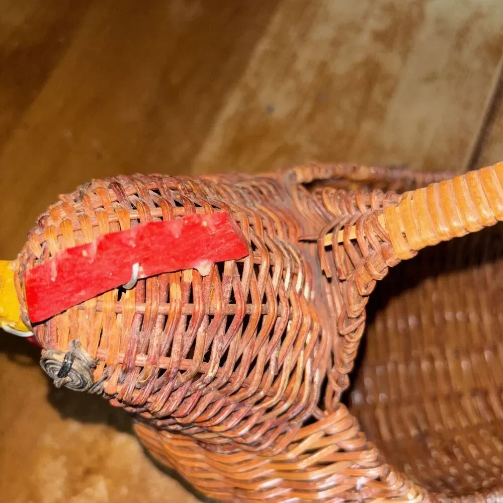 Woven Brown Wicker Wood Rooster Shaped Basket Egg Storage Farm House Cottagecore